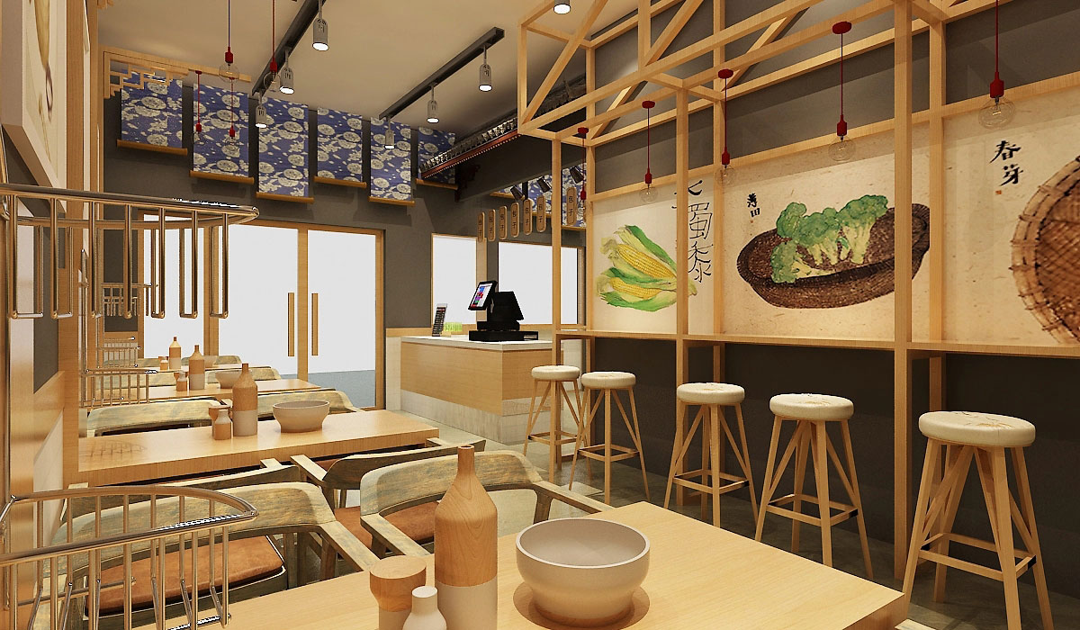 68平米新中式小笼包店铺装修设计效果图