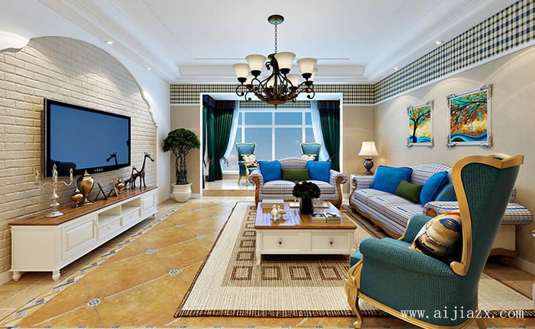 明亮大方的美式田园风格大户型客厅装修效果图